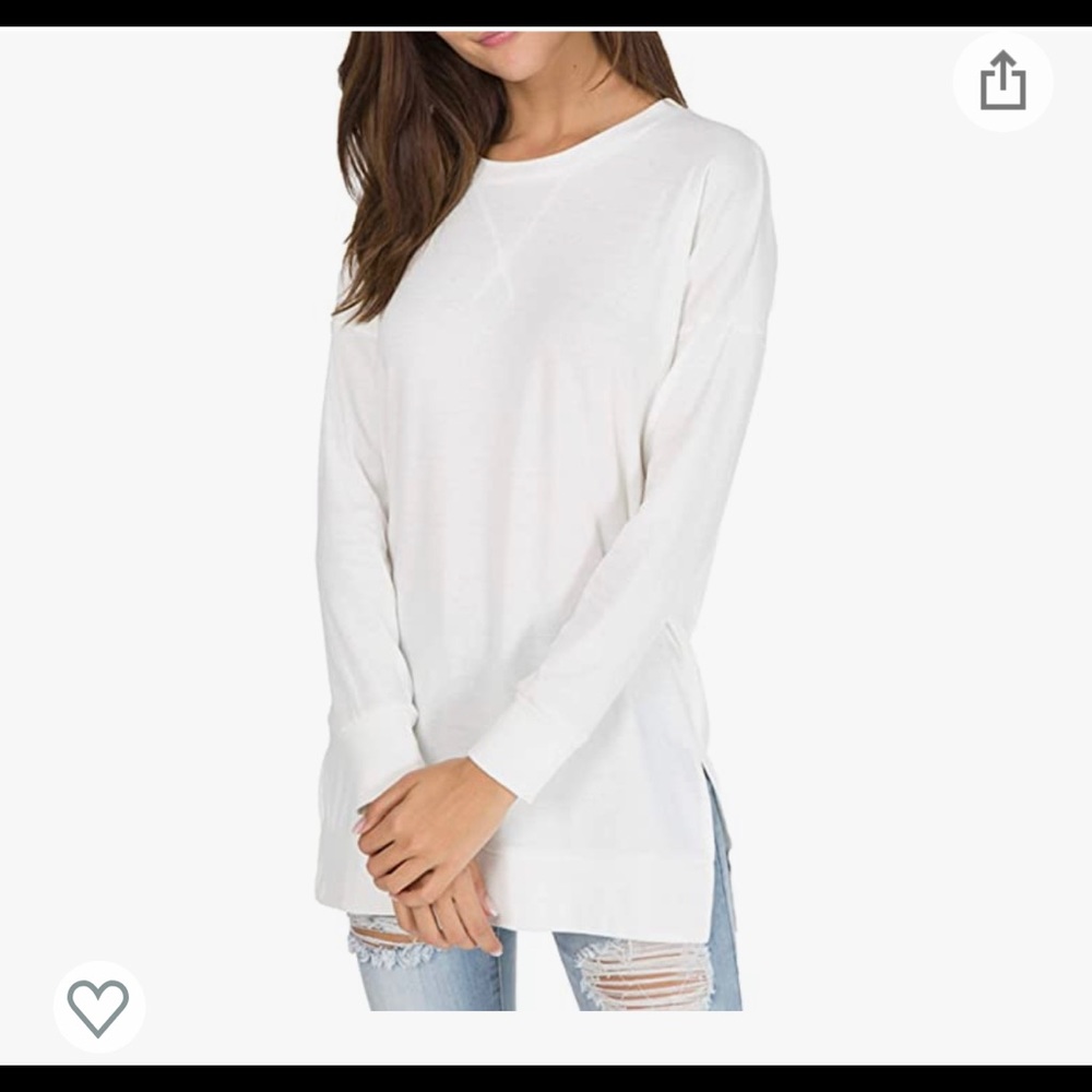 Levaca White Long Sleeve Side Split Loose Casual Pullover Tunic Tops